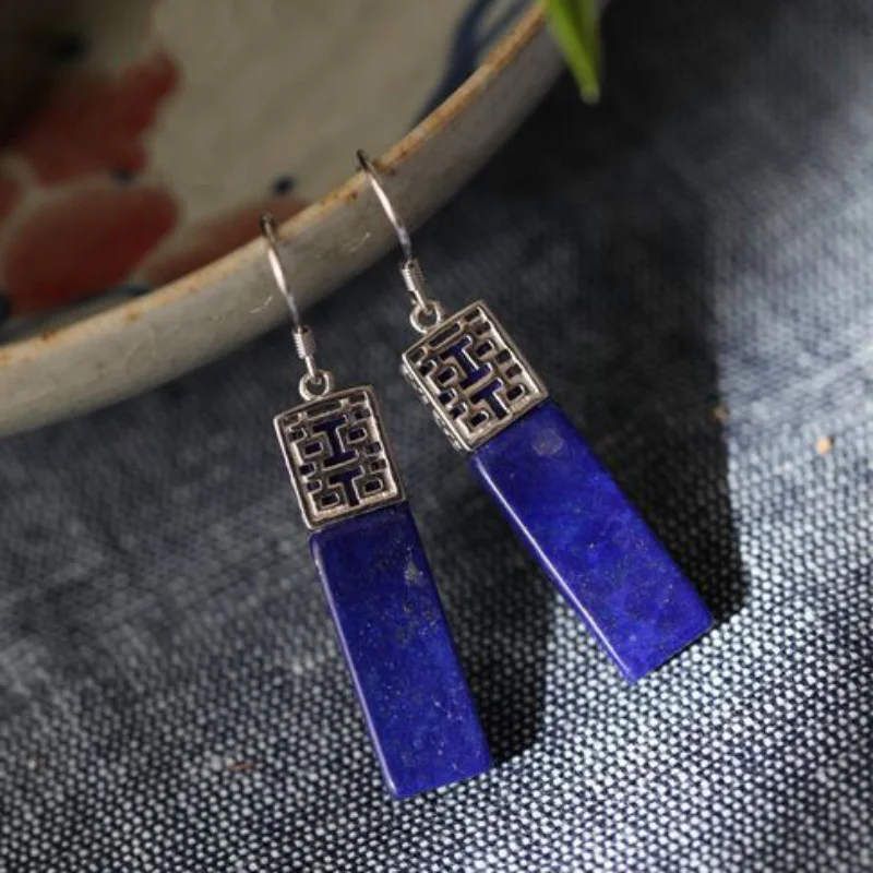 Creative ethnic style double happiness Long blue eardrop vintage lapis lazuli earrings for women wedding new 925 silver jewelry