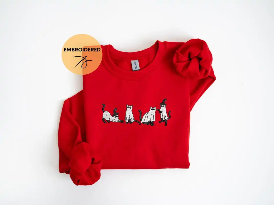 

Embroidered Ghost Cats Halloween Sweatshirt Retro Vintage Sweatshirt Graphic Hoodies Y2K Casual Daily Wear Unisex Versatile Sty