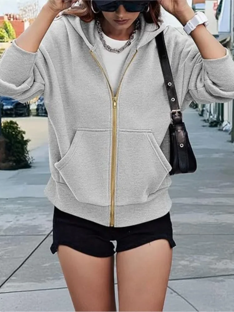 لطيفة سستة مقنعين كم طويل جيب اقتصاص المرأة معاطف السترة الصلبة أنيق مريح البلوز الخريف الشتاء السببية منفذها Ja #6