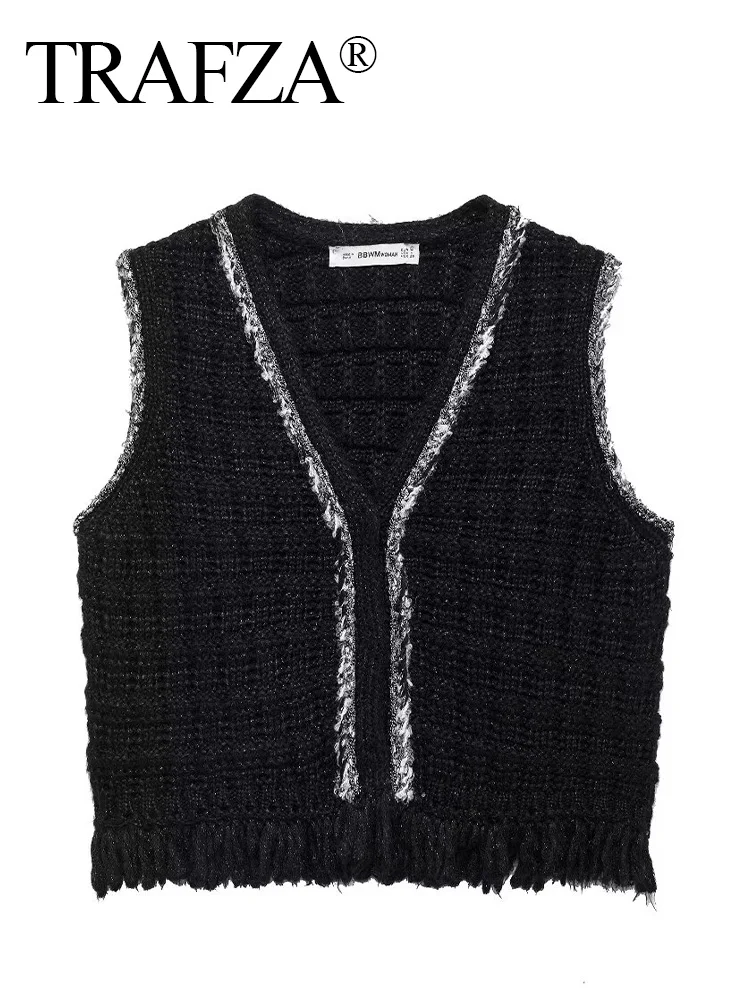 TRAFZA Women Autumn Fashion Vest Sleeveless Knitting V-Neck Loose Short Tank Tops Female Streetwear Rough Edge Waistcoat Top