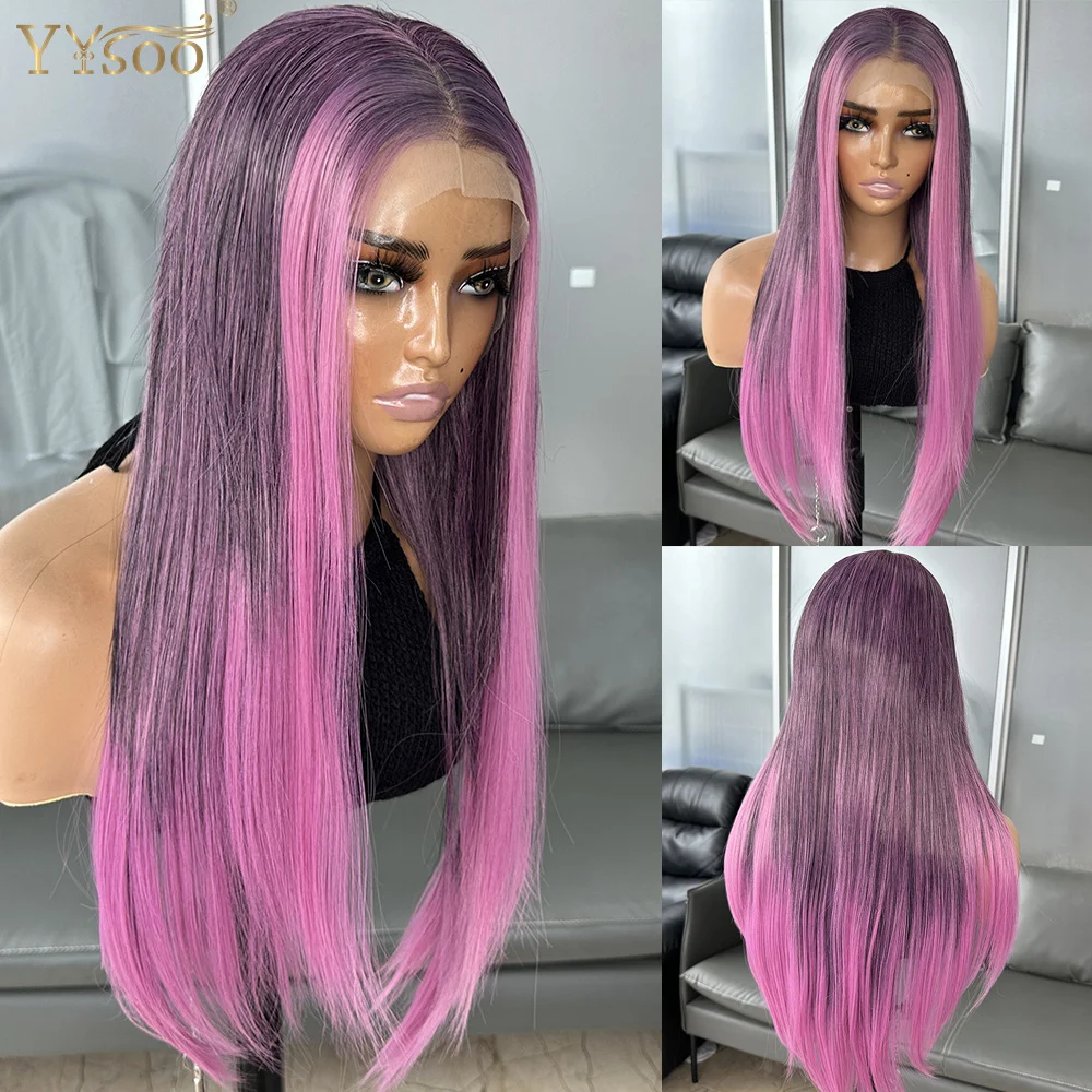 YYsoo Long Highlights Futura Heat Resistant Silky Straight Wig Pink Baylayage Glueless 13X4 Synthetic Lace Front Wigs For Women