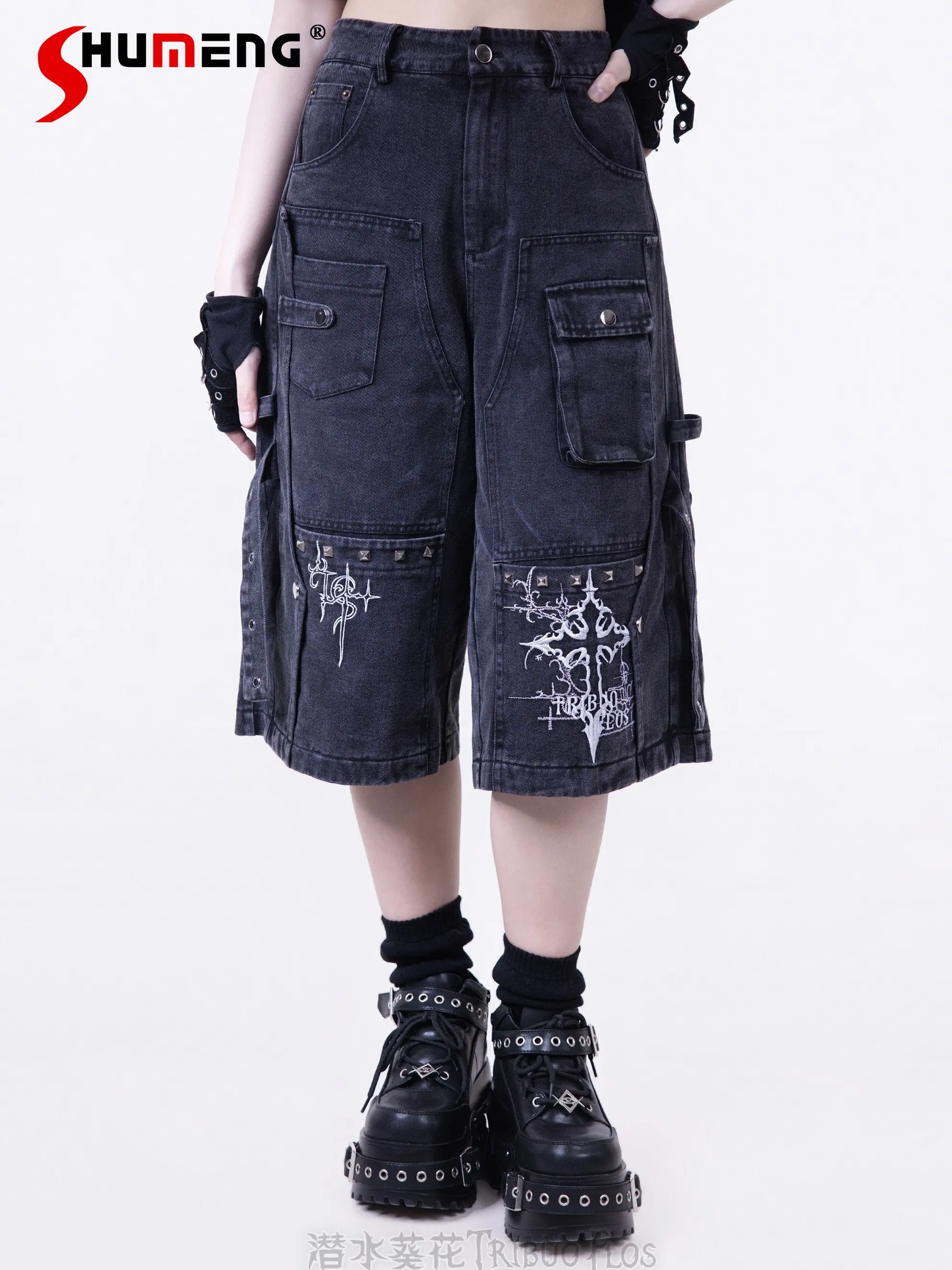 

Original Subculture Sweet Cool Fashion Street Denim Shorts Summer Gothic Punk Dark Embroidery Heavy Industry Loose Denim Shorts