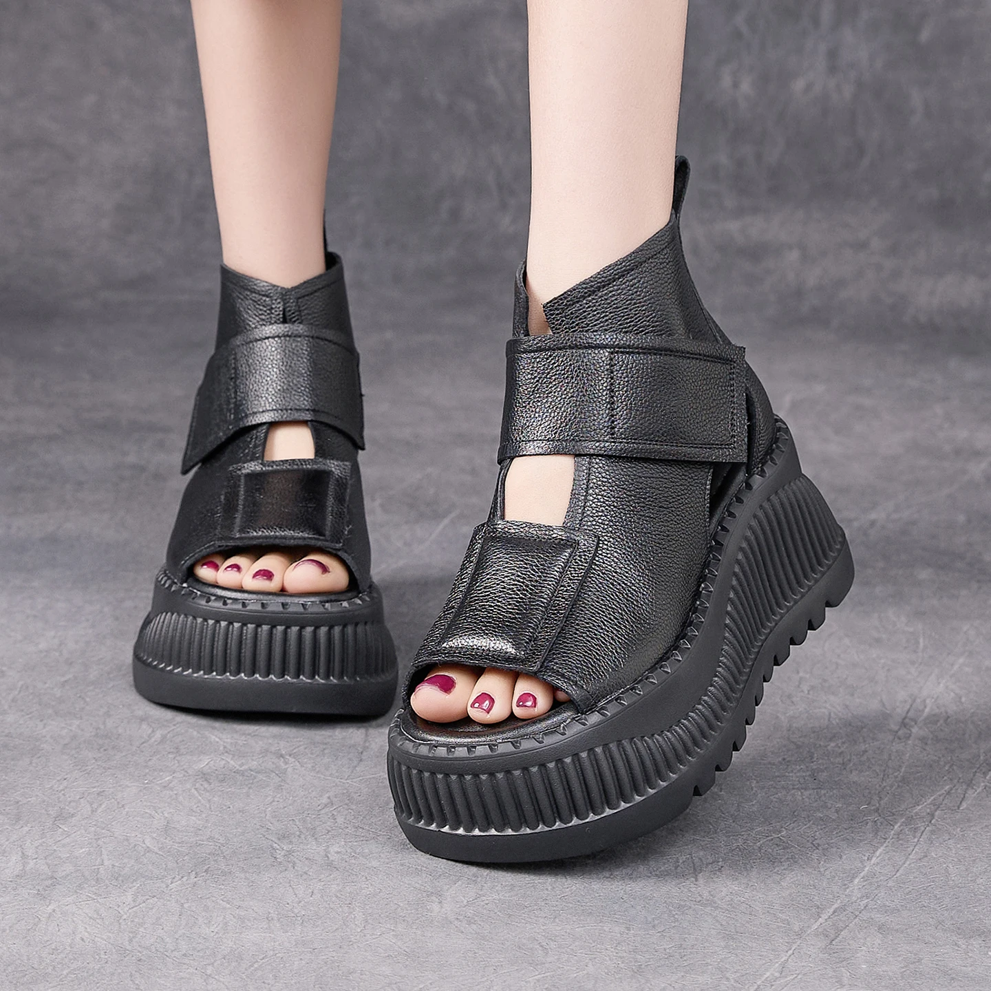 

GKTINOO 2026 Summer New Fashion Platform Sandals Genuine Leather British Style Cool Hollow-out Boots Women's Wedges Shoes