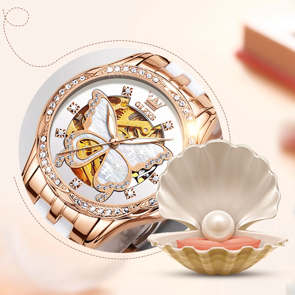 OLEVS Mechanical Women Watch Fashion Switzerland Luxury Brand Ladies WristWatch Automatic Ceramic Hollow Design montre femme