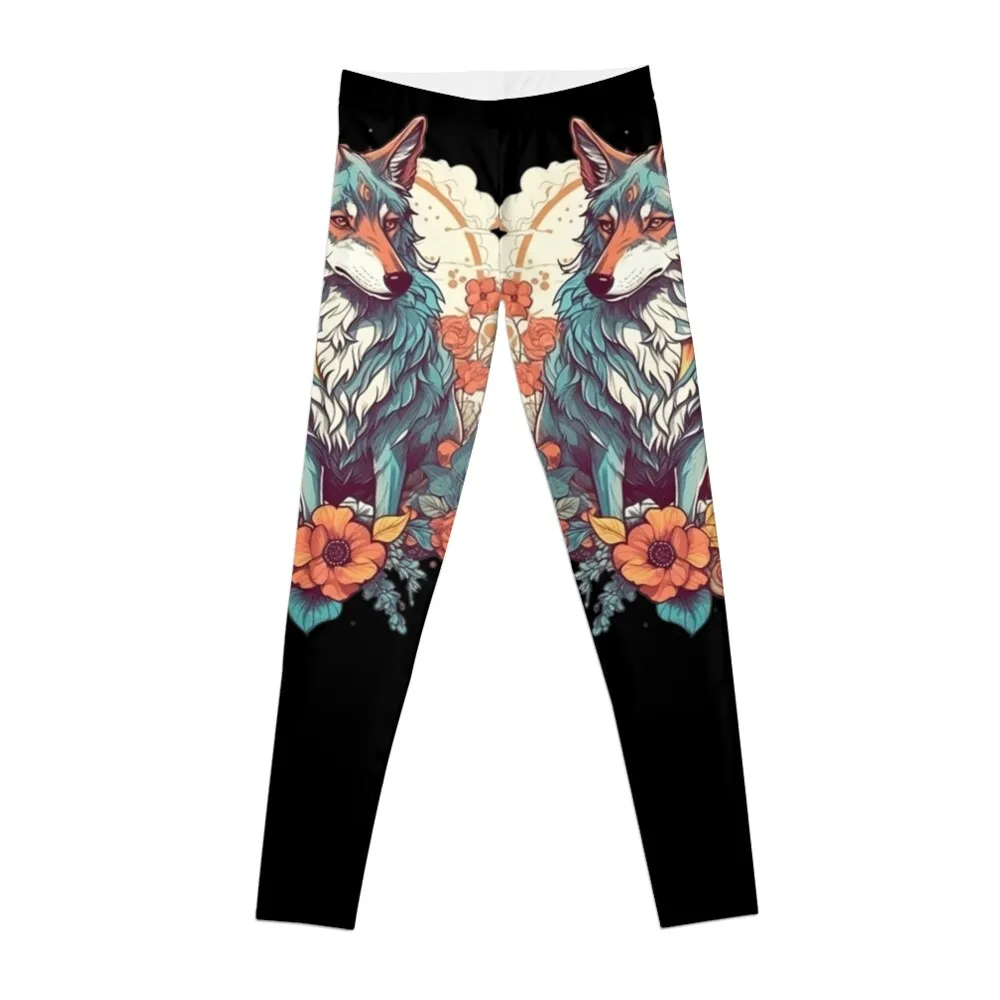 Colorful Wolf With Flowers Leggings Women's sports Women's sportswear Sports pants woman Sportswear woman gym Womens Leggings