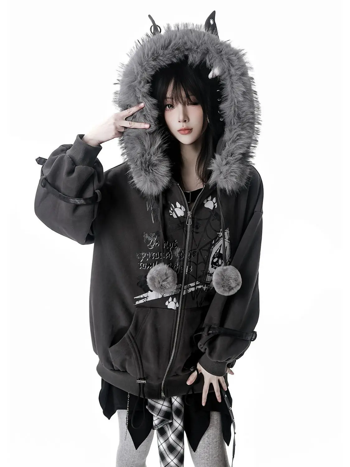 

Y2k Japanese Sweet Cool Women Furry Collar Wolf Ear Hooded Fleece Jackets Paw Print Buckle Strap Pom Pom Hoodies Streetwear Fall