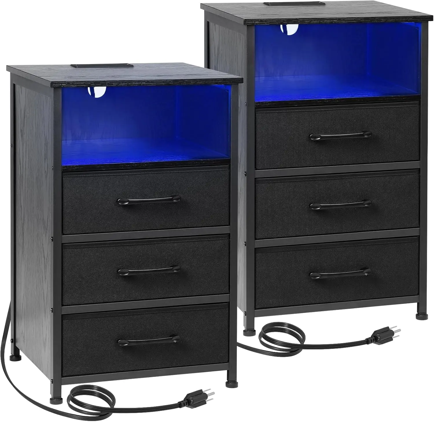 Black Night Stand Set 2, LED Nightstand with Charging Station, End Tables with 3 Fabric Drawers, Bedside Table with USB Type C