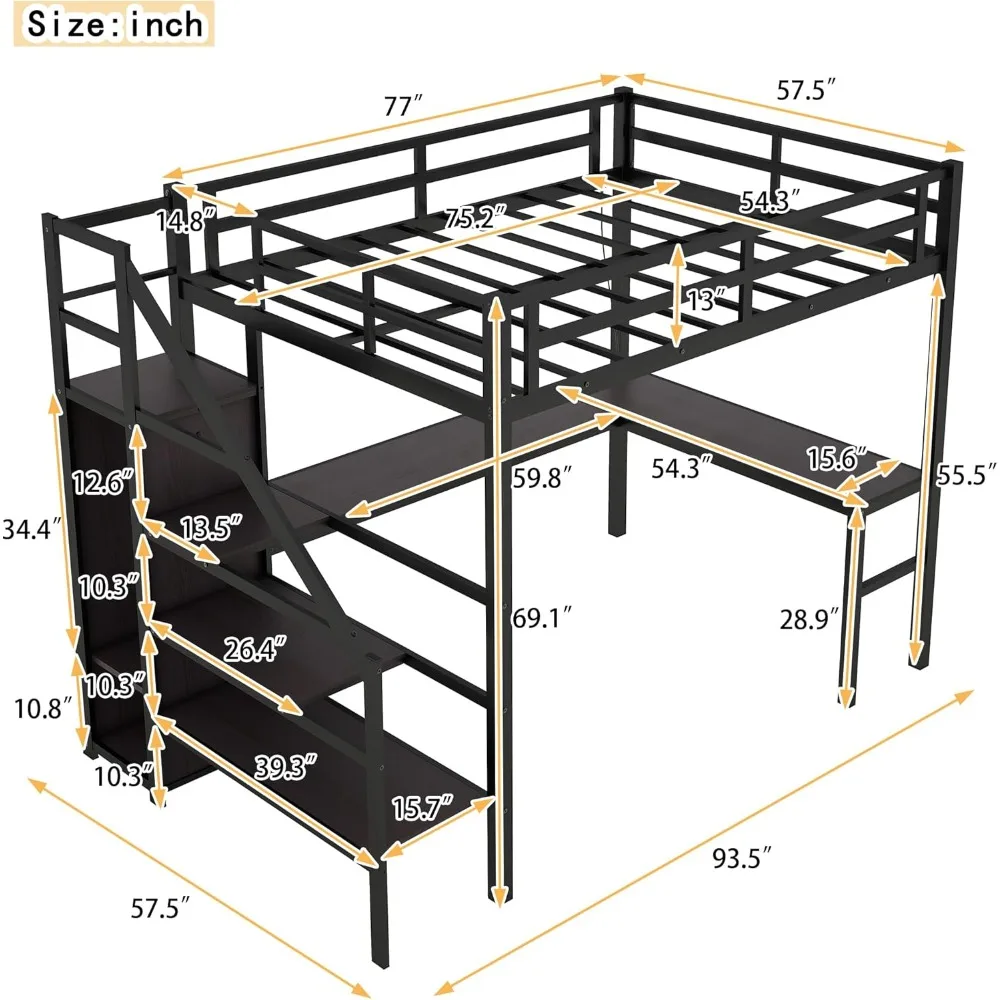 Full Size Loft Bed with Desk, Storage Stairs and Wardrobe, Full Loft Bed with Charging Station and RGB LED Light, Metal Loft Bed