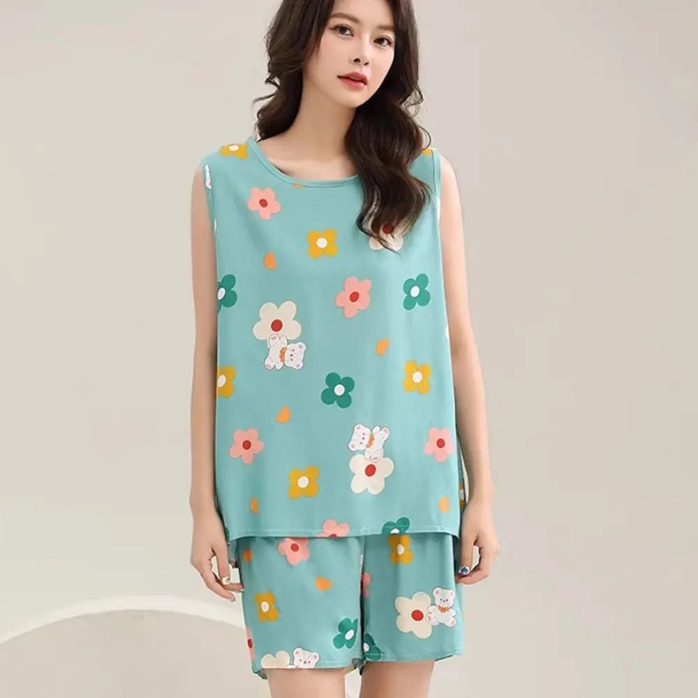 Niedliches Damen-Pyjama-Set, Baumwolle, Seide, Blumenmuster, Blumenmuster, Nachtwäsche, bequemes Gitter, zweiteilige Nachtwäsche, Frühling und Sommer