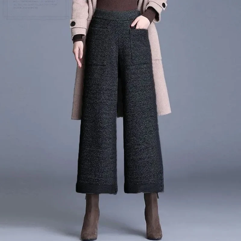 

Oversized 5XL High Waist Woolen Wide Leg Pantalones Women Autumn Winter Loose Casual Pocket Cuffs Woolen Pant Vintage Baggy Pant