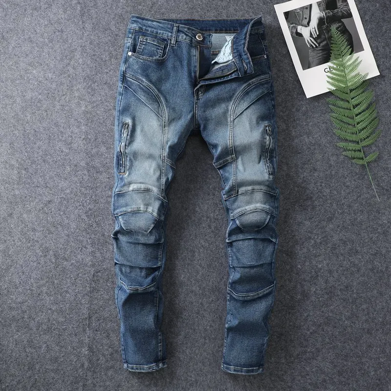 

2024 Summer new zipper spliced jeans men's trendy high street elastic slim fit small feet casual retro motorcycle denim pants