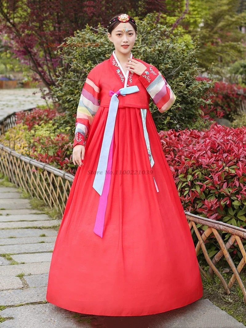 

2026 traditional korean hanbok vintage dress flower embroidery dress elegant folk dance costume retro stage performance dress