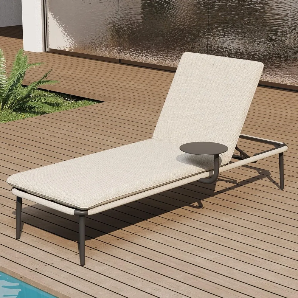 Beige Aluminum Chaise Lounge, Adjustable Patio Lounge Chair with Side Table, 5 Reclining Positions for Outdoor, Pool, Yard