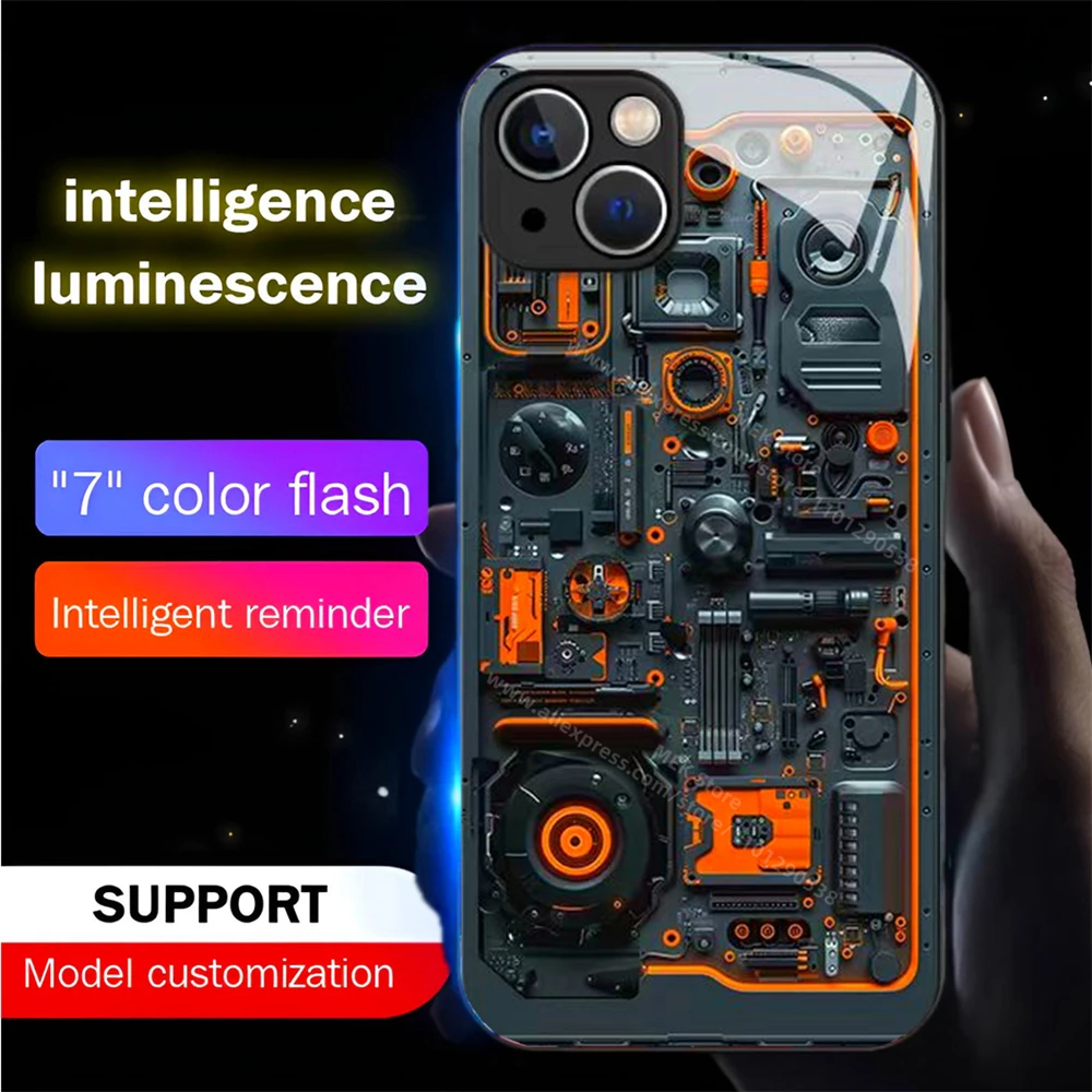 Orange Circuit Board Design Smart LED Light Up Glowing Glass Phone Case For iPhone 16 15 14 13 12 11 Pro Max X XS XR Plus SE