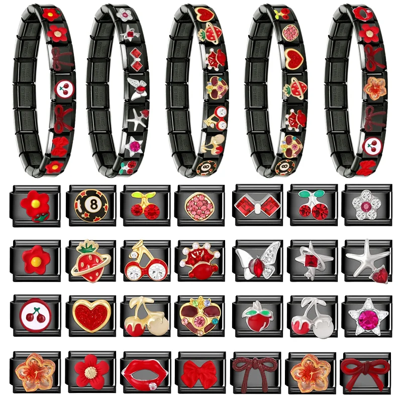2025 New Original Black Red Stars Love Heart Bows Flower Italian Charm Link fit 9mm Stainless Steel Jewelry DIY Making Bracelets image 2