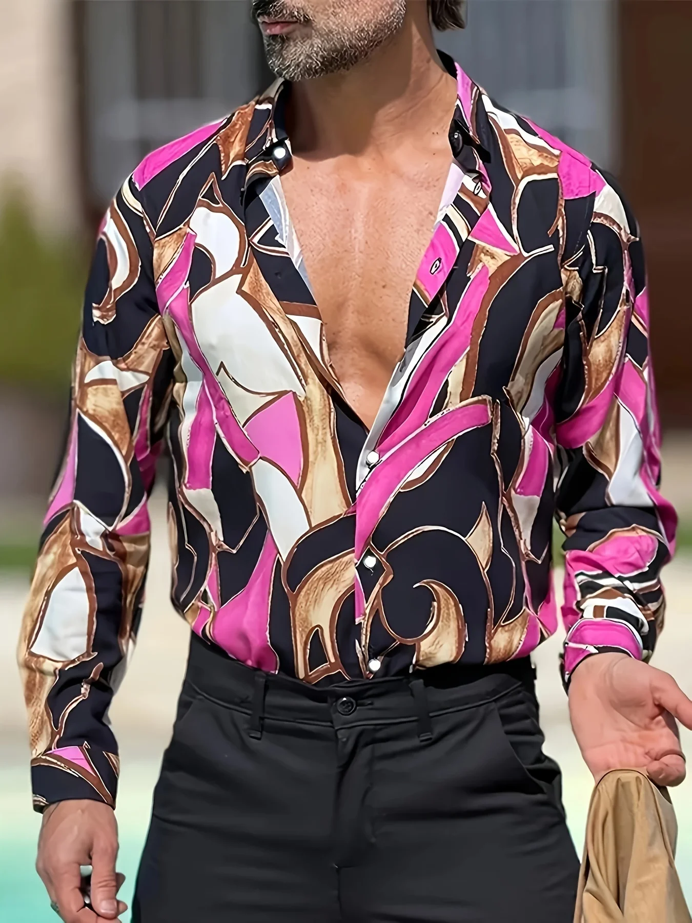  Men's long-sleeved shirts, bold abstract prints - bright colour-block designs, classic peak lapels and button-down plackets,