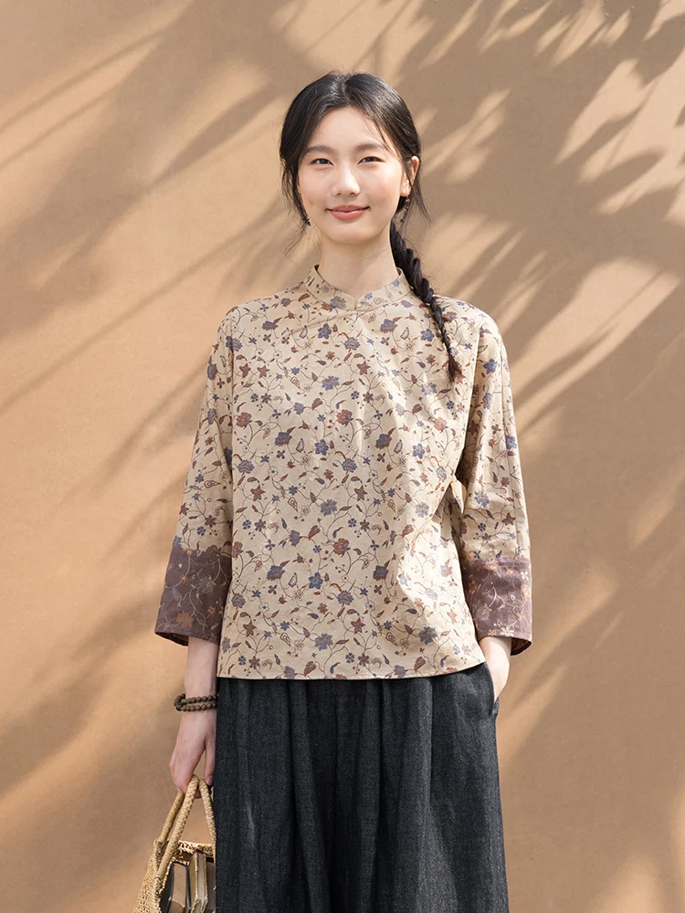 

Новая коллекция Le: Летняя блузка из 100% хлопка с контрастной цветочной вышивкой, светло-коричневая с фиолетовым, женская модная одежда