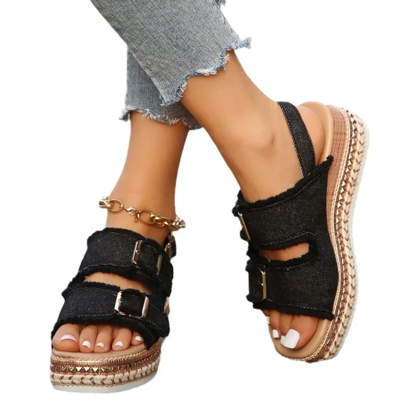 Women Chunky Platform Wedges Sandals Female Summer Blue Denim Beach Sandals Woman Ankle Straps High Heels Sandalias Plus Size 42