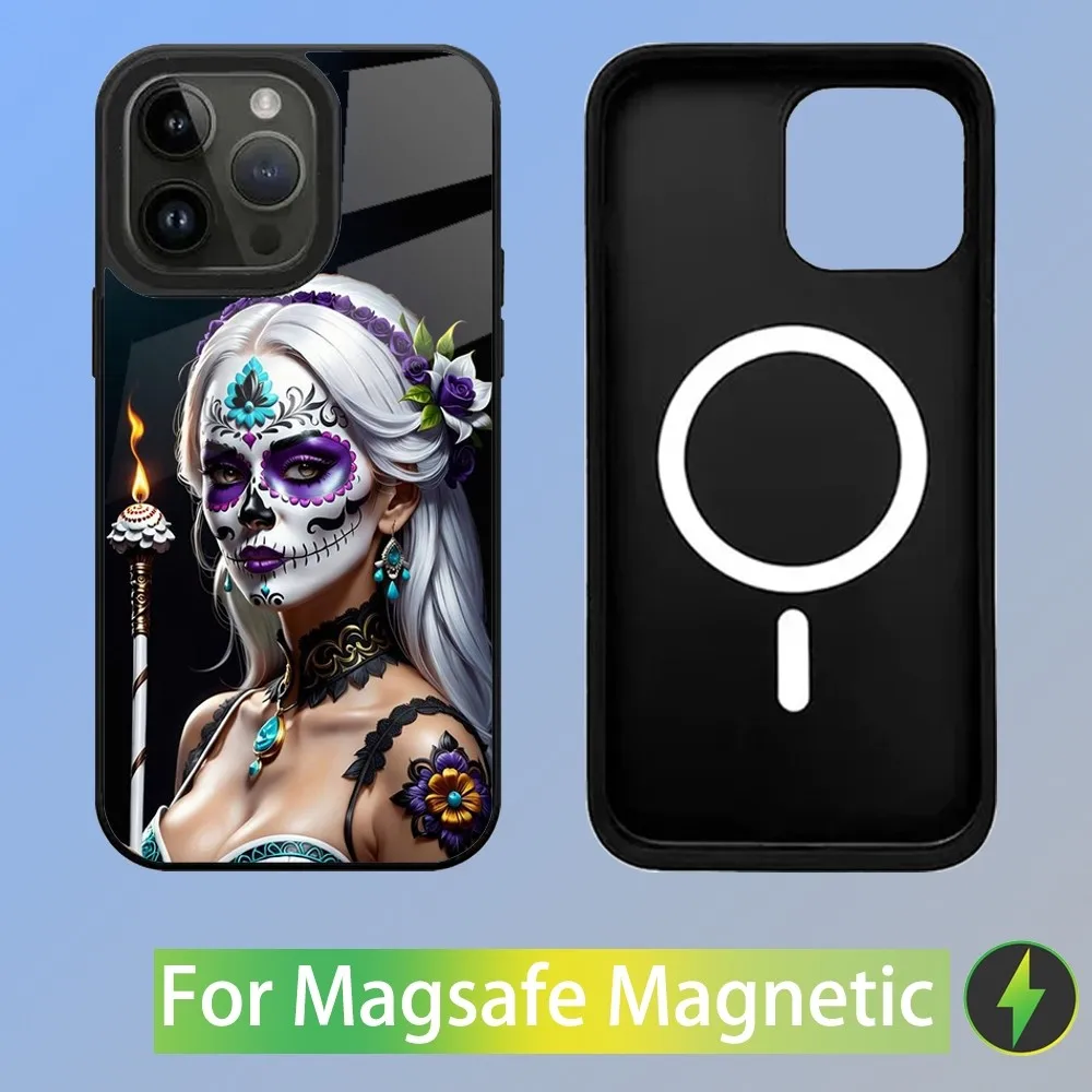 Mexican Catrina Skull Girl Phone Case For iPhone 15,14,13,12,11,Plus,Pro,Max Mini Magsafe Magnetic Wireless Charging