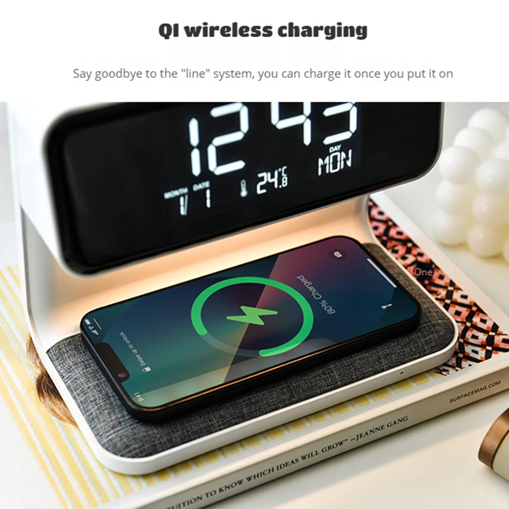 Relógio Desktop Multifuncional com Carregamento Sem Fio, Simples Desk Lamp, Relógios Quarto, Moda Escritório