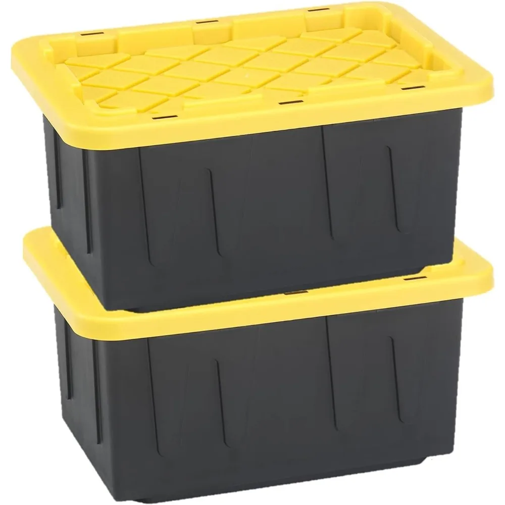 

15 Gallon Durable Plastic Stackable Storage Organizer Container with Snap Lid and Buckle for Lacing or Lock, Black/Yellow 2-Pack