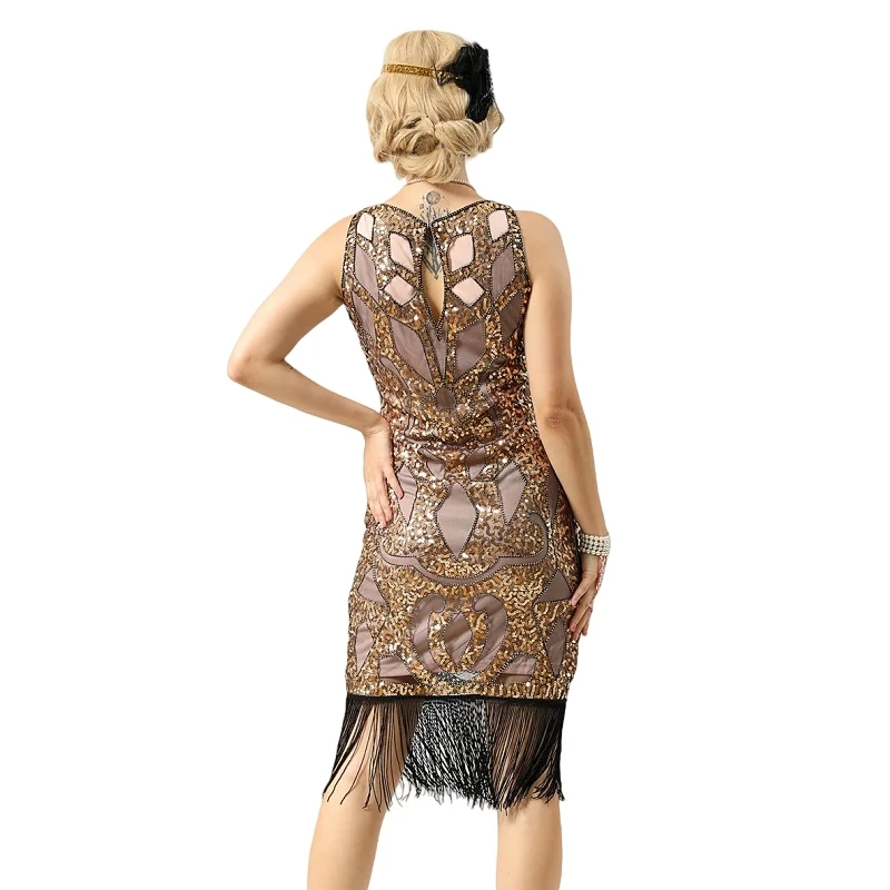 Sexy Golden Great Gatsby Dress Retro Scoop Neck Sequin Beaded Fringe Dress Women Roaring 20s Flapper Party Dress