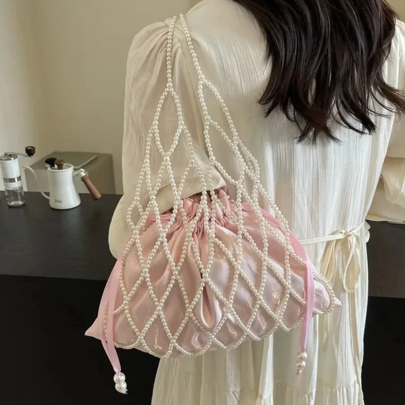 Pearl Bead Tote Bag Women French Fabric Handbag Shoulder Bag Fairy Drawstring Mesh Bag Handbag Large Capacity Unisex Outdoor Bag