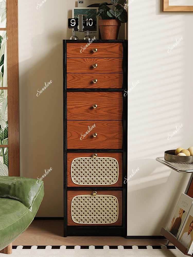 Medieval solid wood chest seven pumping small vertical cabinet living room wall narrow cabinet bedroom locker