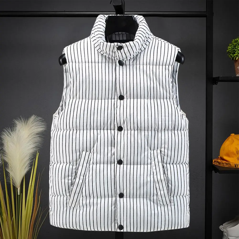 Autumn Winter Men Vest Cotton Padded Striped Windproof Korean Style Single Breasted Korean Warm Waistcoat Vest for Daily Wear