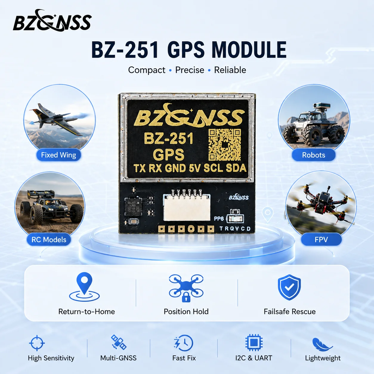 BZGNSS BZ-251 Drone GPS Module With Compass 10Hz UART I2C Ceramic Antenna For INAV Fixed Wing RC Airplane Navigation 72 Channels view 3
