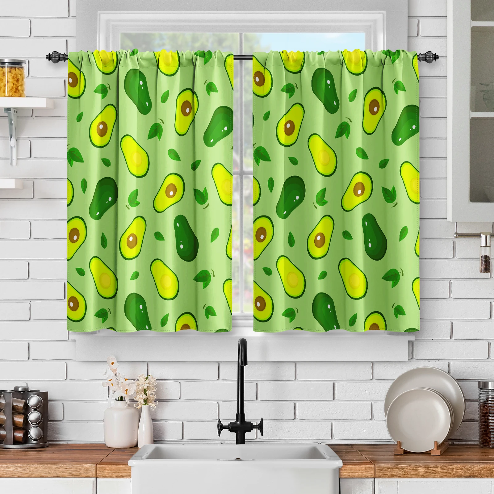 

2 Panels Avocado Green Kitchen Curtains, Farmhouse Rustic Nature Fruit Short Cafe Curtains Decor Tier Curtains,Christmas gifts