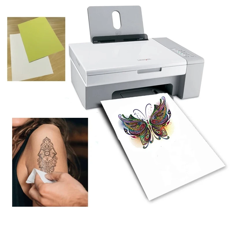 Hoja de papel de impresión de transferencia de tatuajes para hombres, impresora láser de inyección de tinta, tamaño A4, bricolaje, tatuajes temporales impermeables, piel