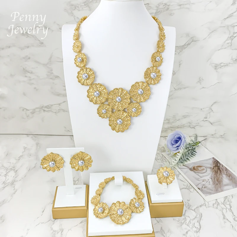 

Statement Collar Necklace Earrings Bracelet Ring Dubai 18K Gold Plated Jewelry Set for Women Africa Bridal Wedding Party Gifts