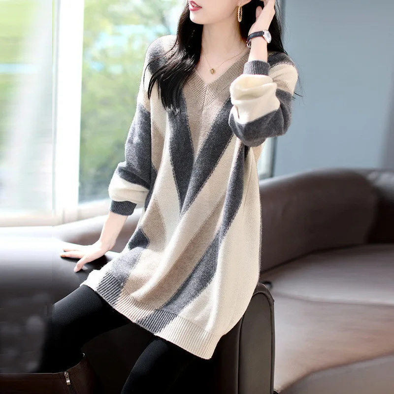 Vintage Korean Fashion V-neck Striped Long Sleeve Knitted Sweater for Women Autumn Winter Casual Loose Tunic Pullover Top Female