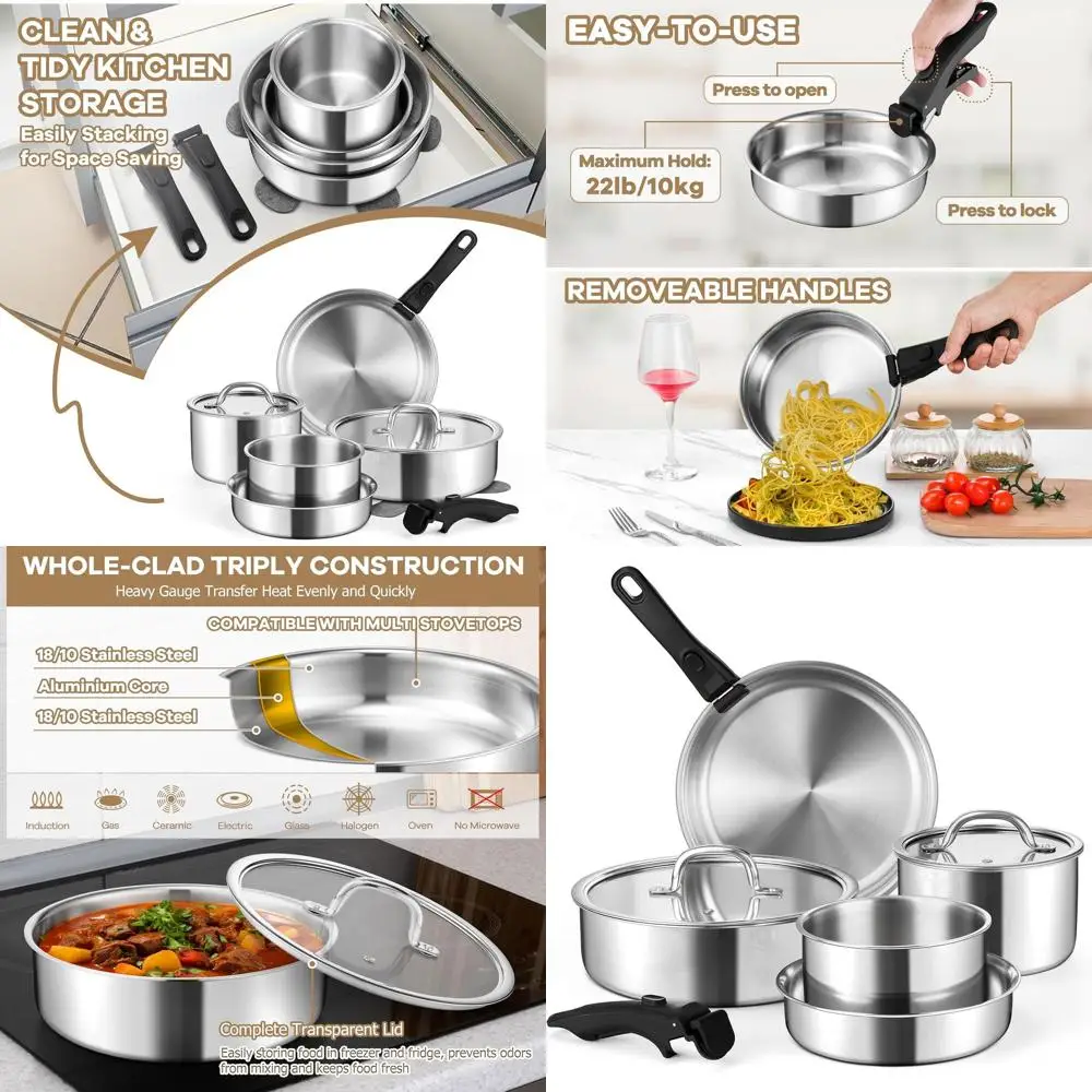 

Stainless Steel 9-Piece Cookware Set with Removable Handle and Lids, 3-Ply Pots and Pans for Induction, Safe for RV and Camping,