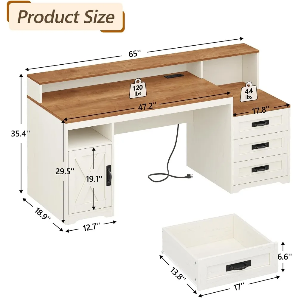 Farmhouse Computer Desk with Drawers, 65'' Home Office Desk with Power Outlets, Storage Cabinet and Printer Stand, Study Writing