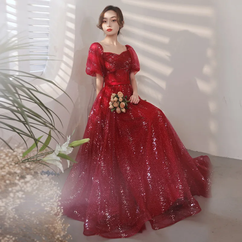 Wine Red Long Toast Wedding Dress Light Luxury Sequined Performance Evening Dresses Fashion Square Neck Chiffon Prom Gowns
