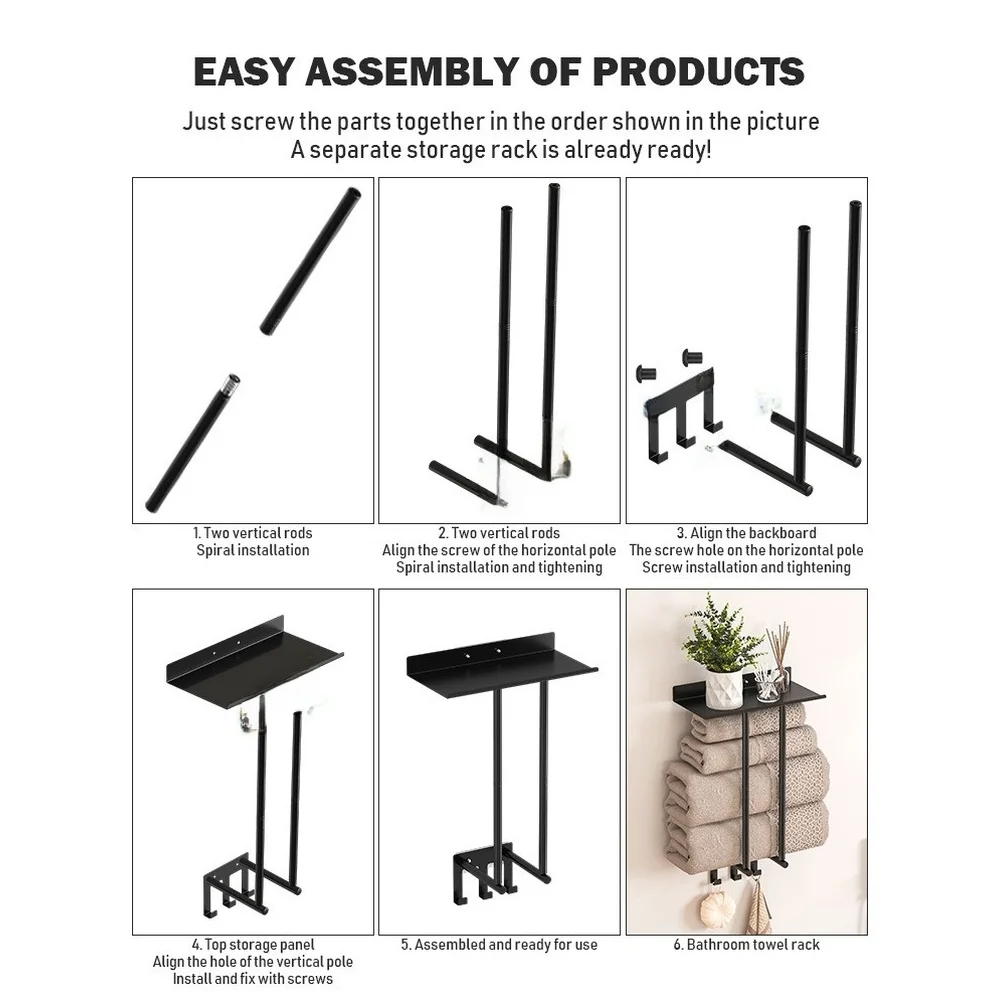Black Iron Towel Rack 2 Tier No Drill Wall Mount for Bathroom Smooth Surfaces Tiles Glass 34 16 7.5cm Rust Resistant Load 10kg