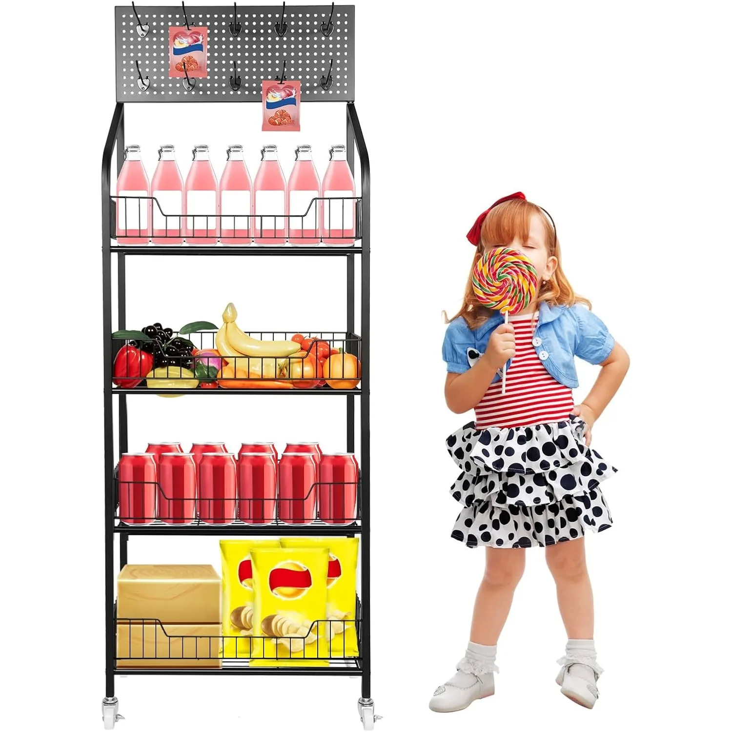 

4-Tier Metal Wire Storage Shelf Display Rack Retail Display Rack Stand with Wheels Snack Display Snack Candy Display Organizer