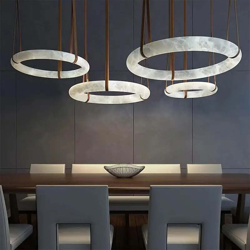 

Custom-Made Circular Marble Light Fixtures High-Style Indoor All-copper Leather Dining Room Chandelier Living Room Ceiling Light