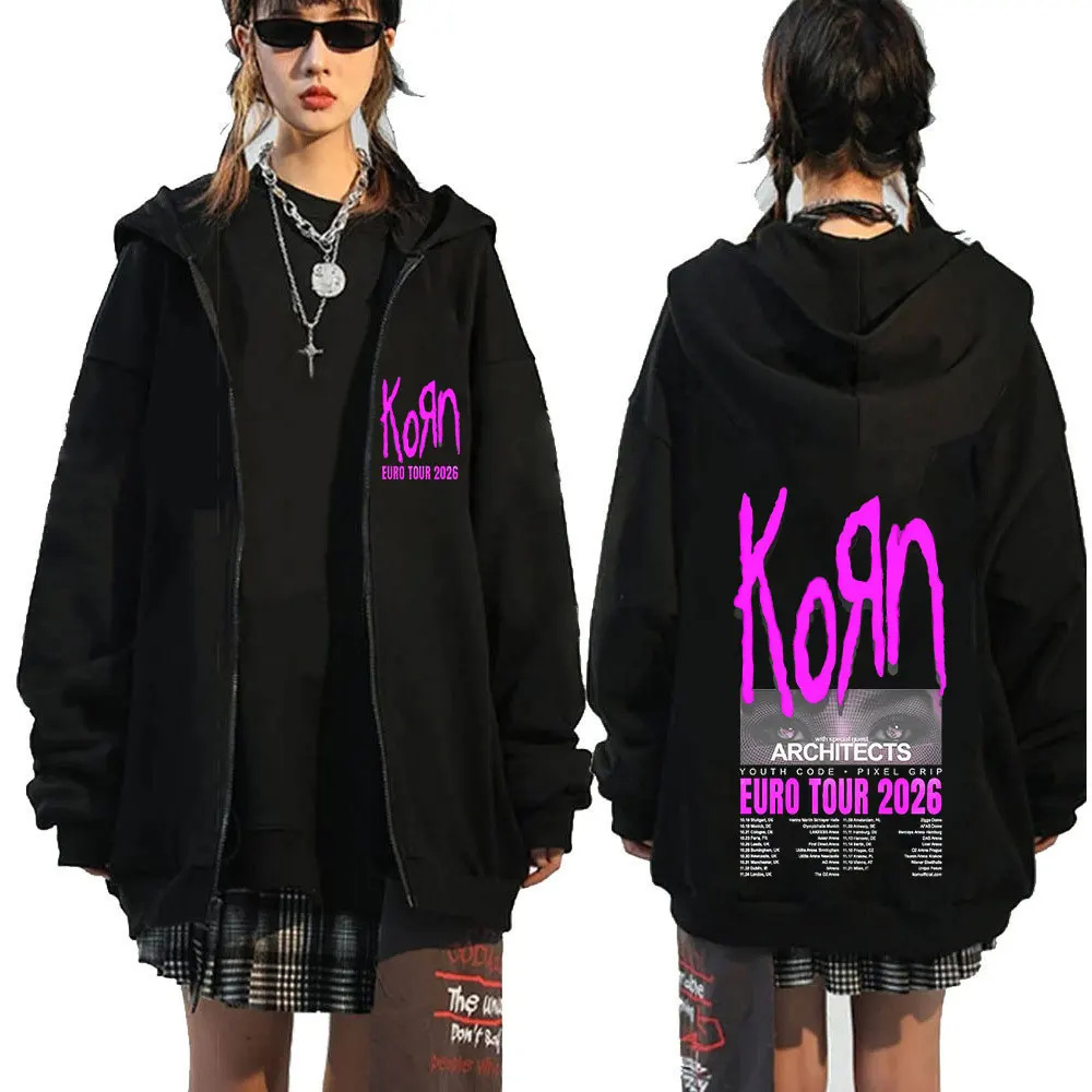 Korn Tour 2026 Merchandise Reißverschluss-Hoodies Fan-Geschenke Metal Punk Gothic Rock Band Mode Lässige Kapuzenpullover mit Reißverschluss Jacken Mäntel