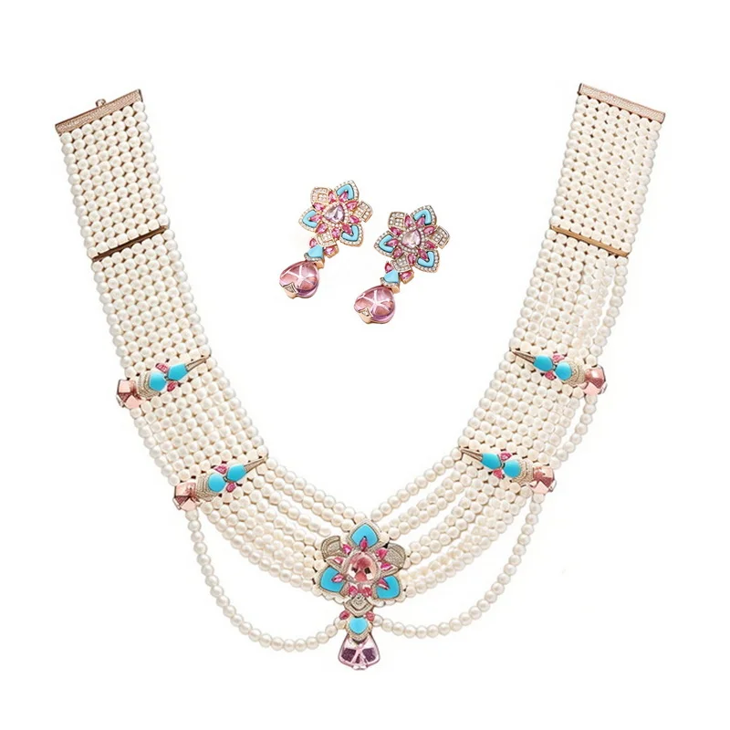 Vintage Baroque Style Earrings Necklace Women Lady Inlay Czech Zircon Turquoise Pearl Multi-strand Party Jewelry Sets