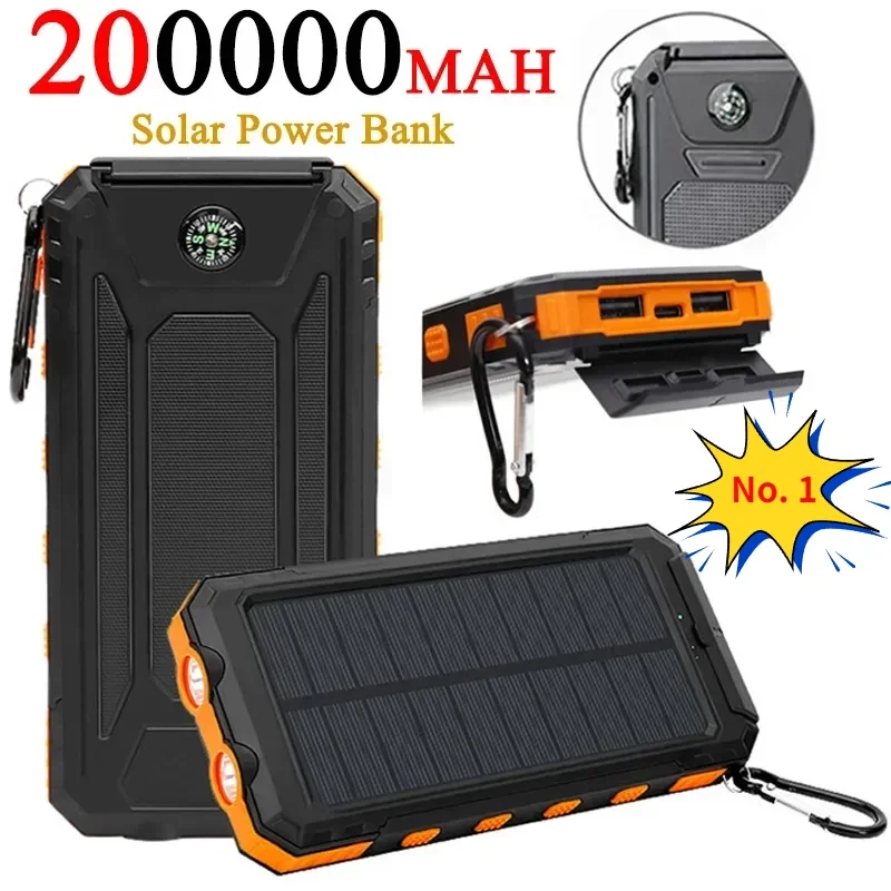 New Solar Power Bank 200000mAh Ultra-Large Capacity Mobile Power Portable Lanyard Compass External Battery Super Fast Powerbank