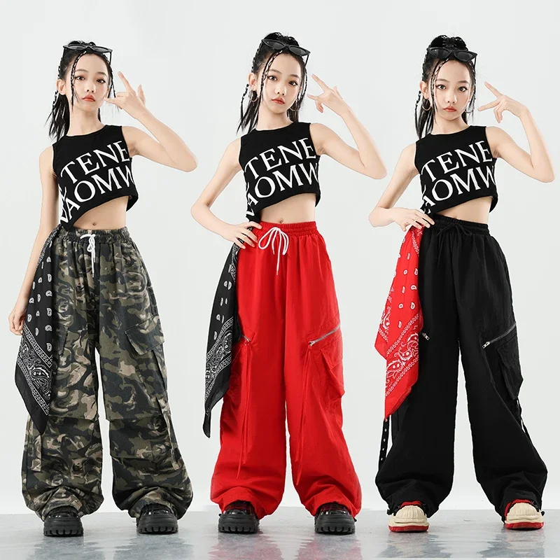 

Girls Hip Hop Crop Tank Vest Cargo Pants Children Street Dance Joggers Top Kids Streetwear Teens Costumes Jazz Clothes Sets