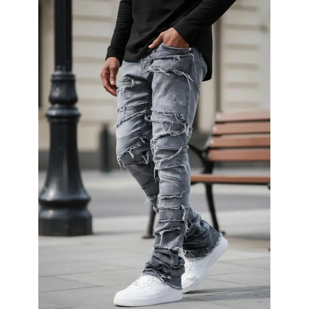 

European and American men's jeans, trendy street patchwork with frayed edges, small straight-leg jeans, men's long pants
