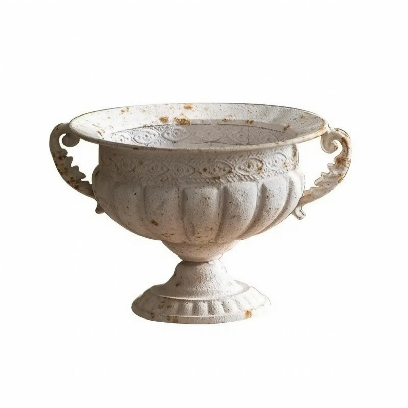 Decorative Ceramic Vase Large White Distressed Metal Urn Planter with Ornate Details for Home Entryway Shelf Display