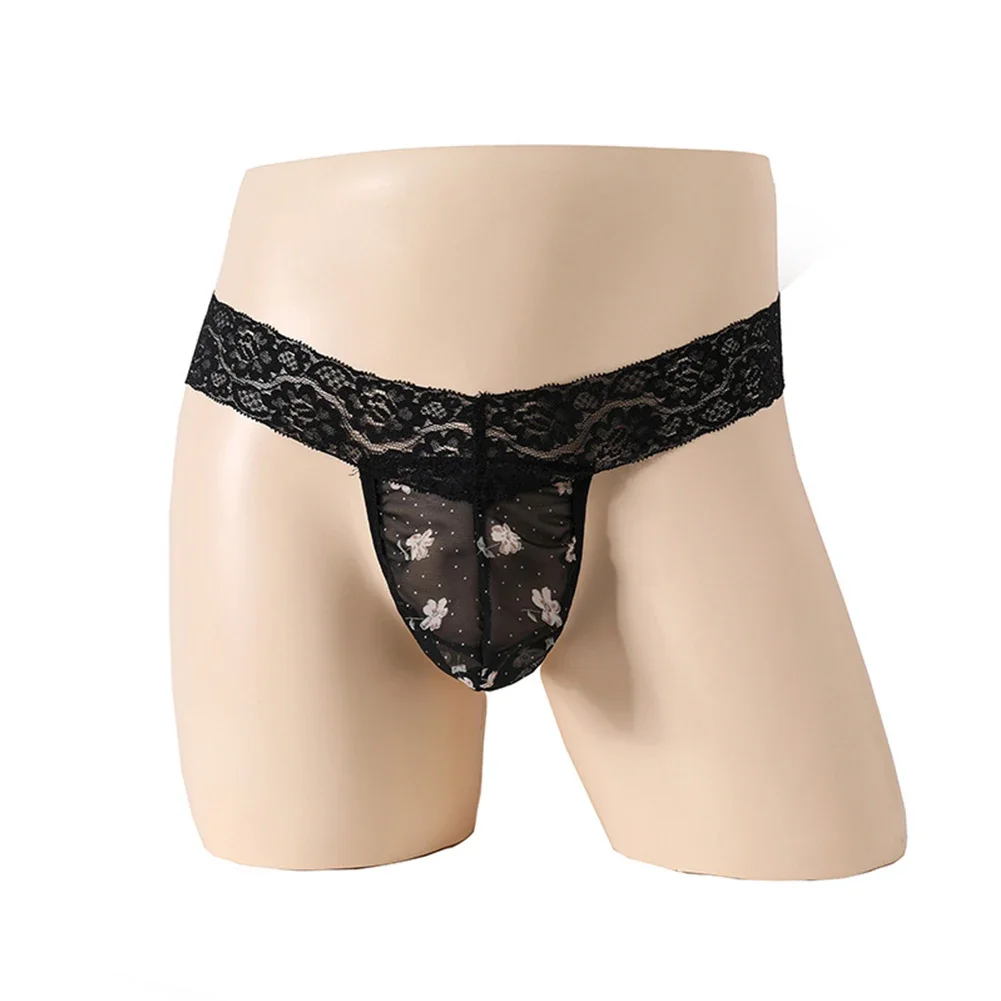 New Mens Sexy Print Sissy Lace See-Through Thongs Pouch Underwear T-Tack G String Briefs Seductive Playful Solid Men\'s Thong