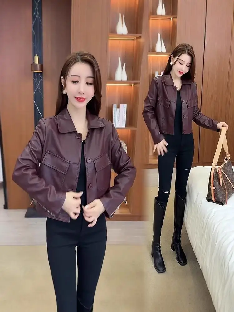 เสื้อโค้ทผู้หญิงทรงหลวม ผ้าหนัง PU  แบบติดกระดุม  คอปก  สำหรับคนตัวเล็ก  รุ่นใหม่  ฤดูใบไม้ร่วง