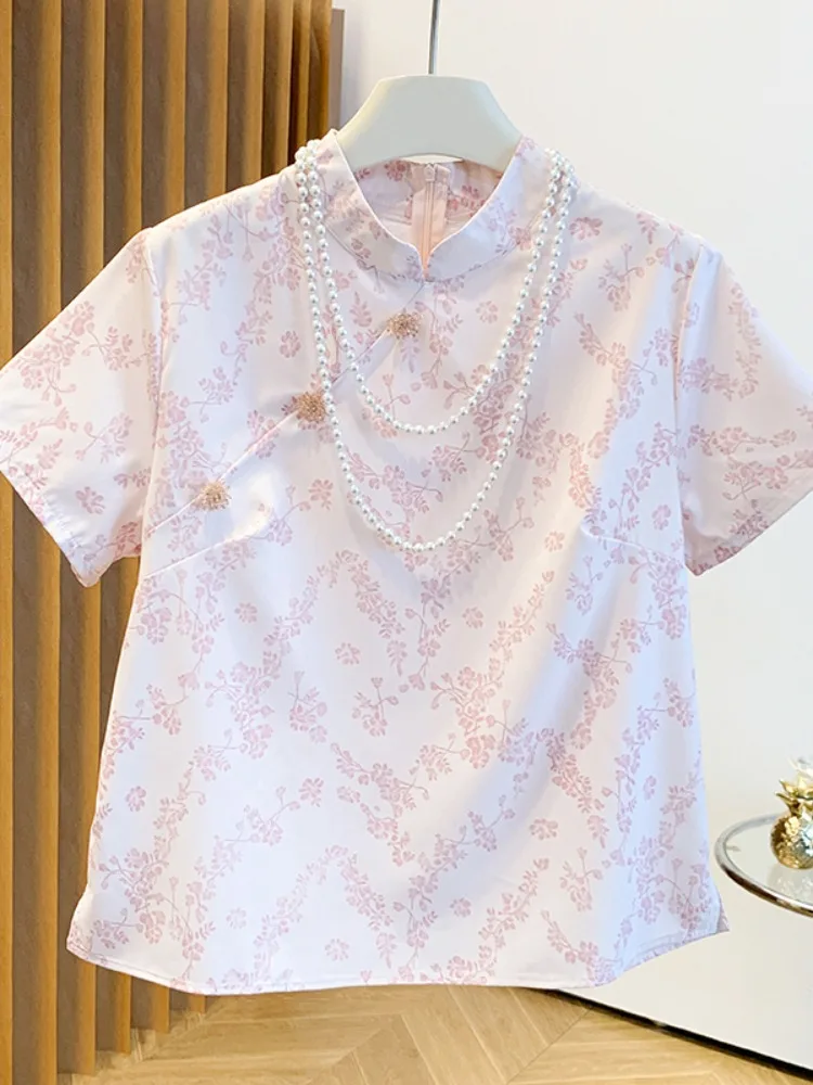 Haut brodé rétro rose à col montant, style national, pour femme, été, nouvelle collection, style chinois moderne