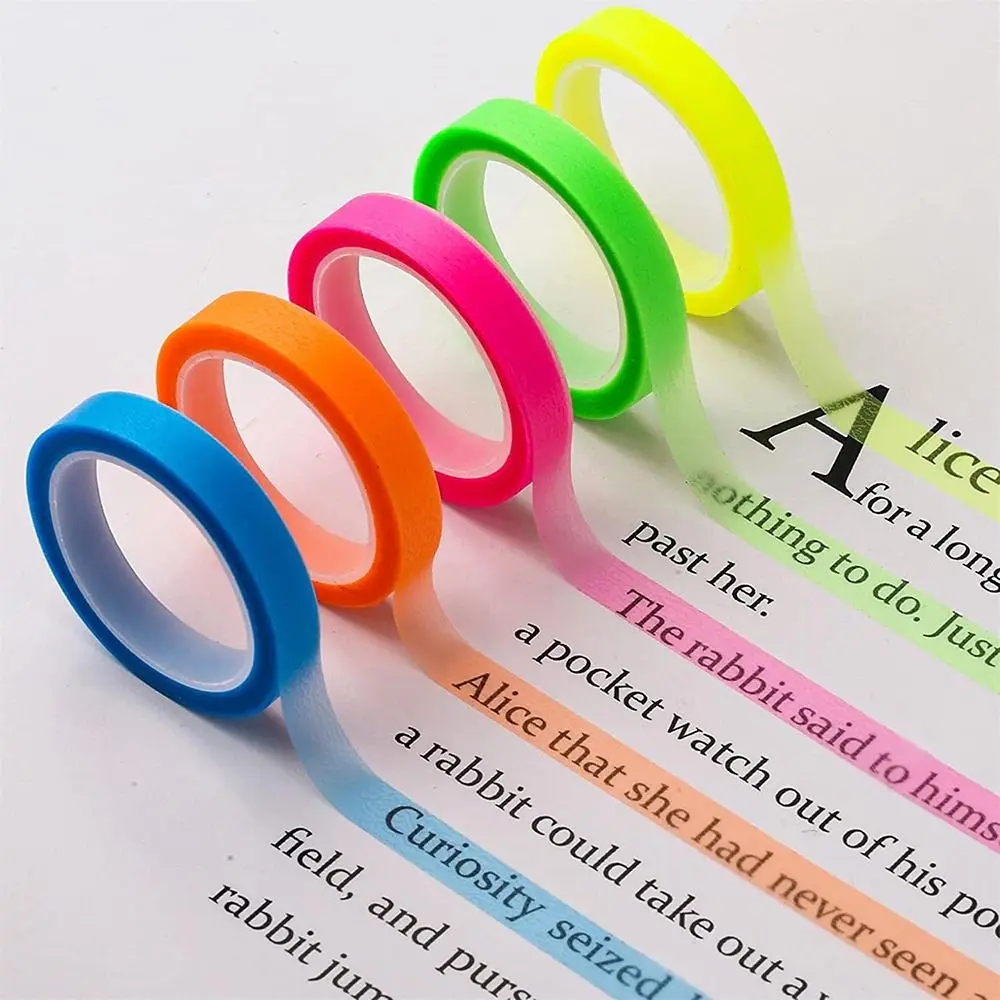 Professional 5 Rolls Highlighter Sticker Transparent PET Fluorescent Index Tabs Adhesive Sticker Roll Stationery